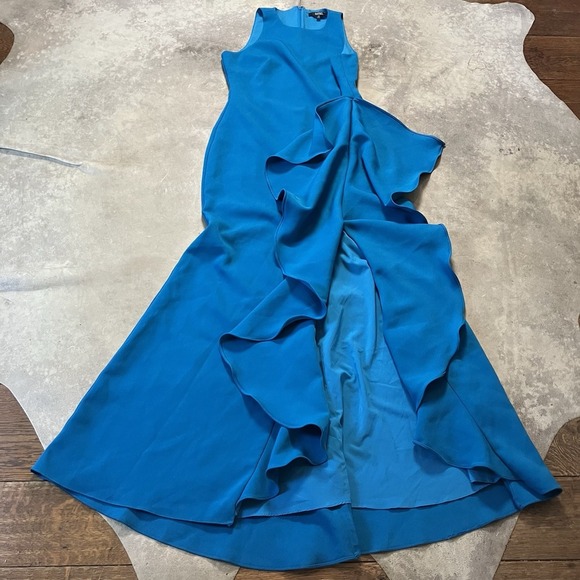 Badgley Mischka Dresses & Skirts - Badgley Mischka Dress Womens 14 Bright Aqua Ruffle Gown High Neck Maxi Turquoise
